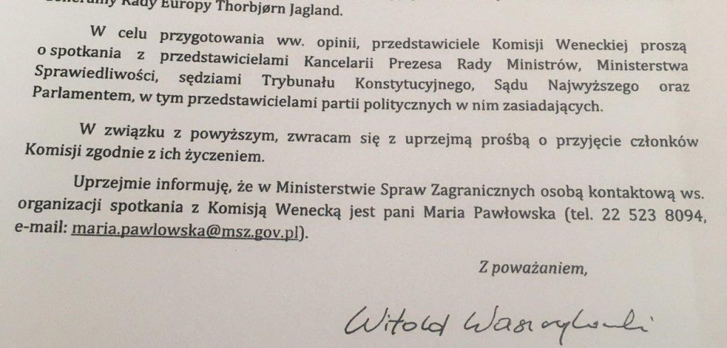 Pismo Witolda Waszczykowskiego ws. wizyty Komisji Weneckiej