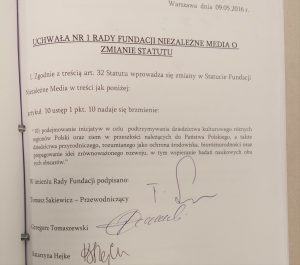 Uchwała o zmianie ststutu Fundacji Niezależne Media
