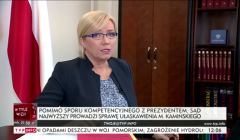 Julia Przyłębska podczas wywiadu o sprawie Kamińskiego w SN. Fot. screen TVP Info