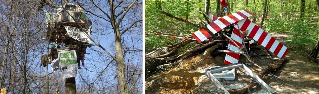 Jeden z prowizorycznych nadrzewnych domków i jedna z barykad w Hambacher Forst. Źródło: hambachforest.org / Wikimedia Commons