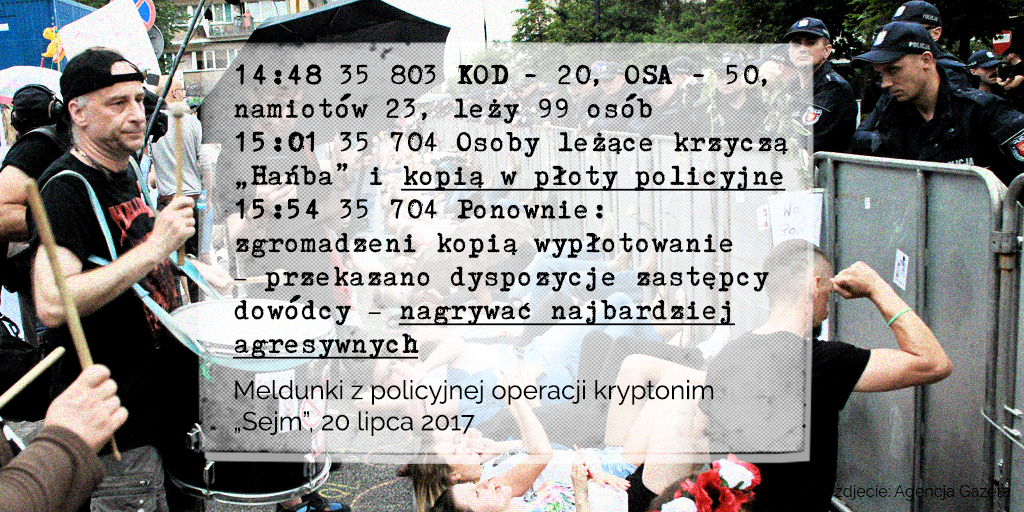 Tekst na grafice: 14:36 Do 35 803 jaka jest liczebność grupy leżącej 14:48 35 803 KOD - 20, OSA - 50, namiotów 23, leży 99 osób 15:01 35 704 Osoby leżące krzyczą „Hańba” i kopią w płoty policyjne 15:07 35 803 Osoby stojące pod Sejmem 100 i 99 leży pod płotami 15:54 35 704 Ponownie: zgromadzeni kopią wypłotowanie – przekazano dyspozycje zastępcy dowódcy – nagrywać najbardziej agresywnych