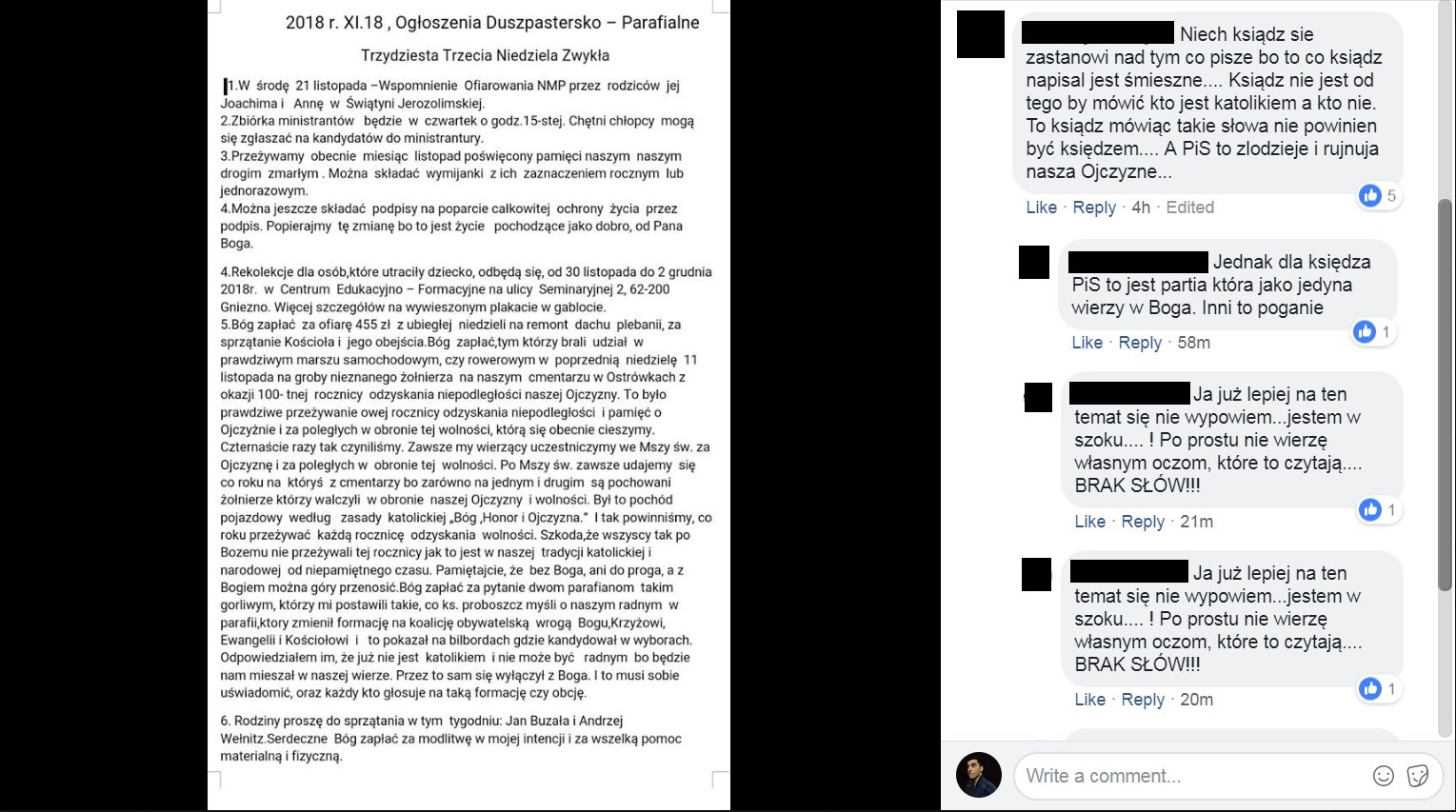 Zrzut ze stron FB - wpis księdza Wędzikowskiego i reakcje parafian krytykujących proboszcza (ksiądz radny Koalicja Obywatelska)