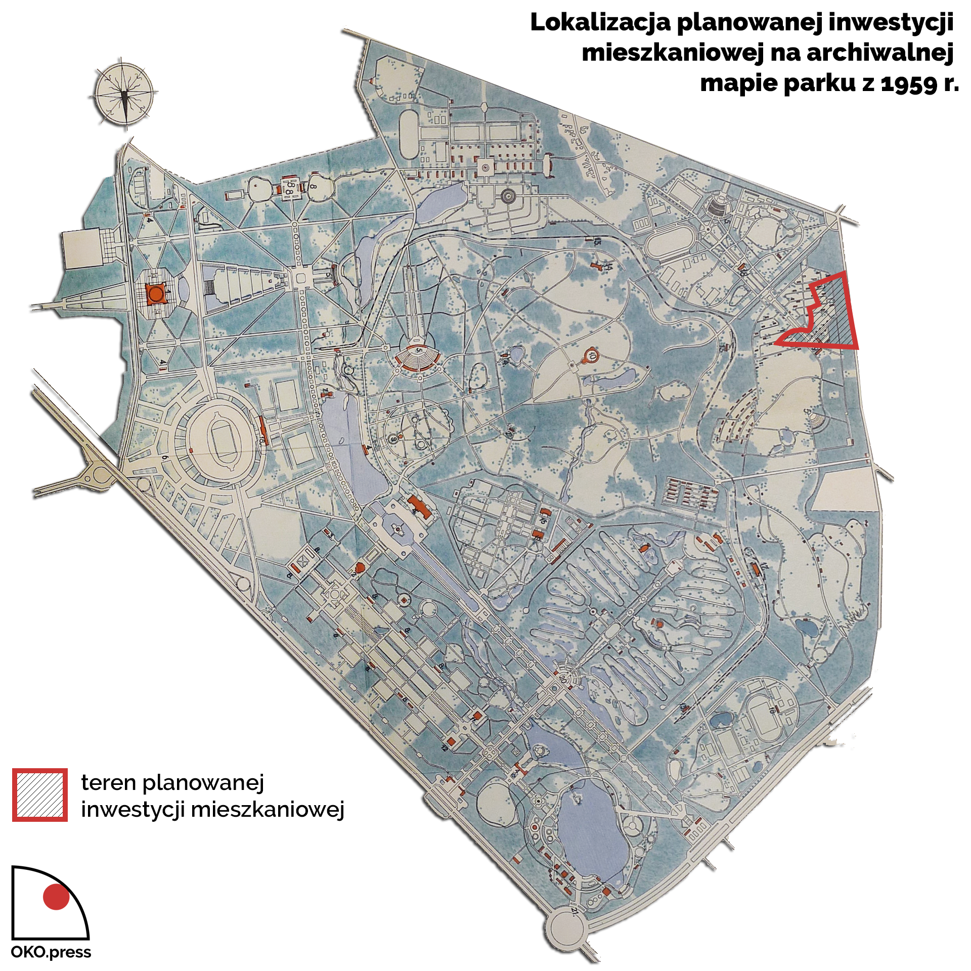 Lokalizacja planowanej inwestycji mieszkaniowej na archiwalnej mapie parku z 1959 r.