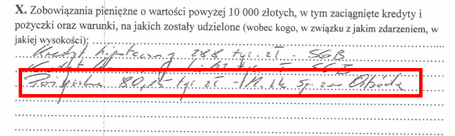 Fragment oświadczenia majątkowego Jarosława Bogusza z informacją o pożyczce