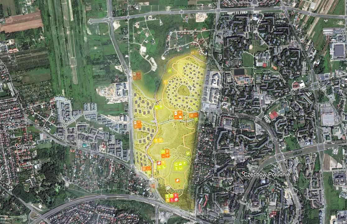 Nałożone na zdjęcie satelitarne Lublina rysunki planowanych budynków. Aktywiści chcą w ten sposób zaprezentować co rzeczywiście może czekać mieszkańców, jeśli wyrażą zgodę na zabudowę górek. Źródło: aktywiści miejscy z Lublina