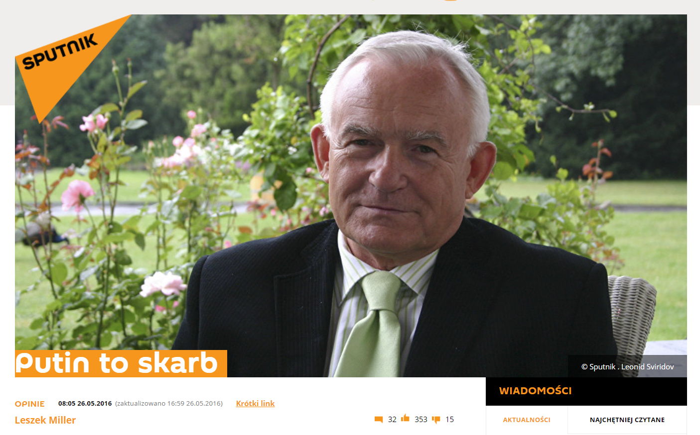 Leszek Miller i jego felieton "Putin to skarb" dla Sputnik News.