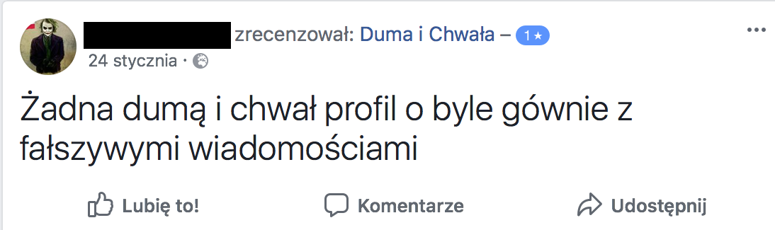 Fanpejdż na Facebooku należący do siatki Konrada Piotrowskiego i Marty Sz., szerzącej fake newsy i rosyjską propagandę oraz promującej prawicowe media.