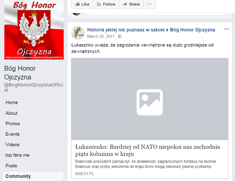 Fanpejdż na Facebooku należący do siatki Konrada Piotrowskiego i Marty Sz., szerzącej fake newsy i rosyjską propagandę oraz promującej prawicowe media.
