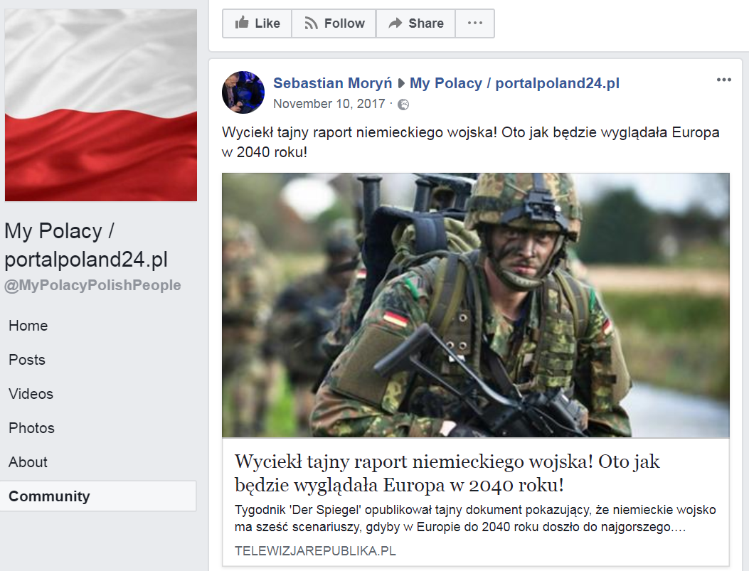 Fanpejdż na Facebooku należący do siatki Konrada Piotrowskiego i Marty Sz., szerzącej fake newsy i rosyjską propagandę oraz promującej prawicowe media.