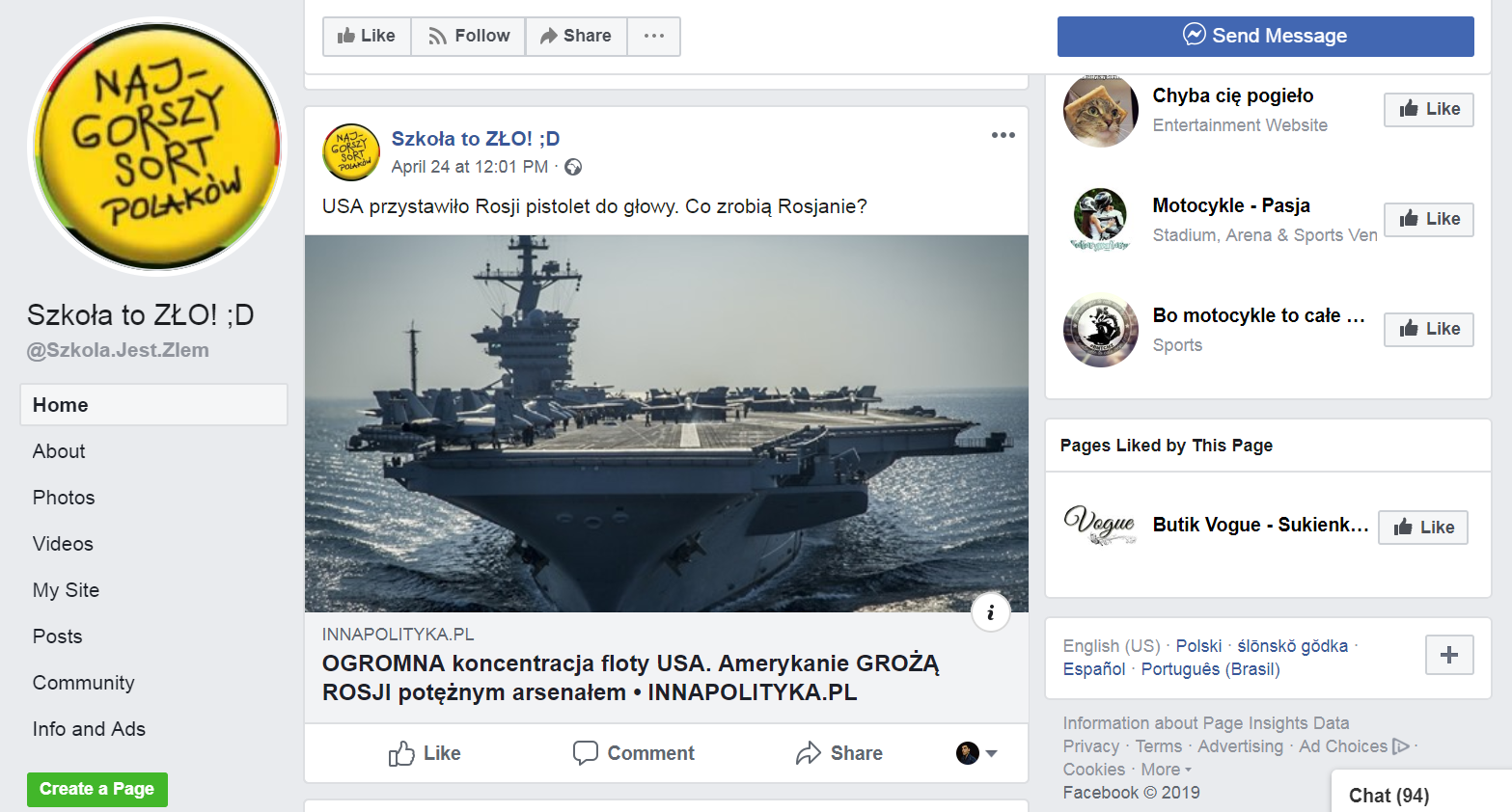 Fanpejdż na Facebooku należący do siatki Konrada Piotrowskiego i Marty Sz., szerzącej fake newsy i rosyjską propagandę oraz promującej prawicowe media.
