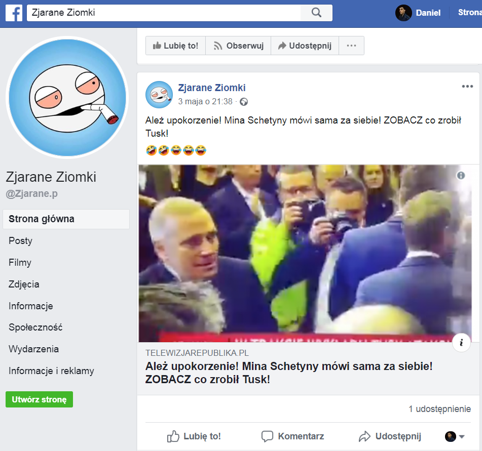 Fanpejdż na Facebooku należący do siatki Konrada Piotrowskiego i Marty Sz., szerzącej fake newsy i rosyjską propagandę oraz promującej prawicowe media.