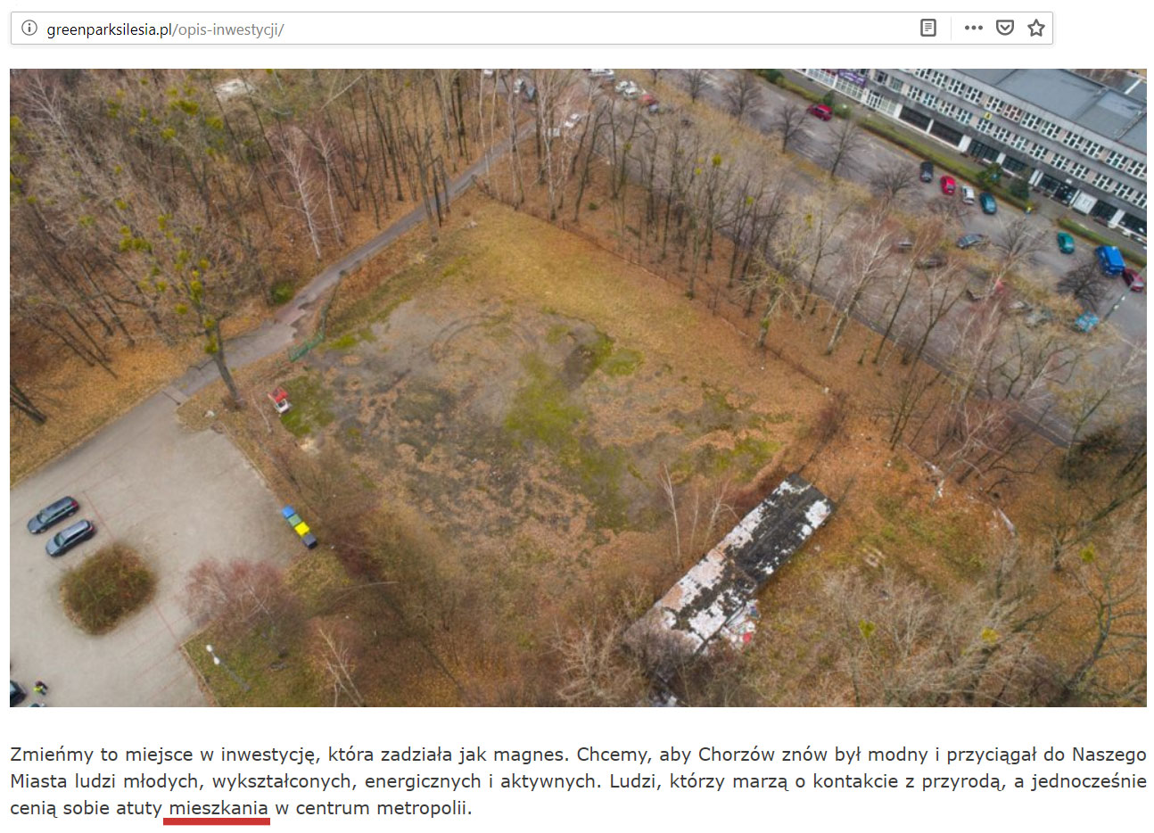 Zrzut ekranu strony Green Park Silesia, fragment opisu inwestycji; źródło: http://greenparksilesia.pl/opis-inwestycji/