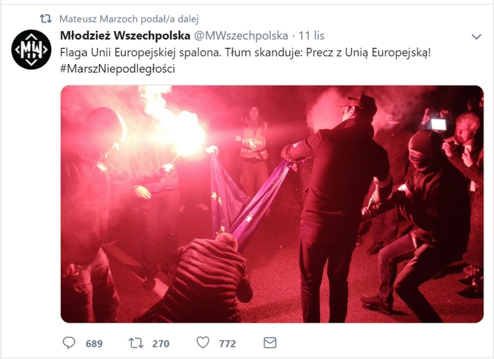 Wpis Młodzieży Wszechpolskiej na Twitterze z 11 listopada 2018 r.