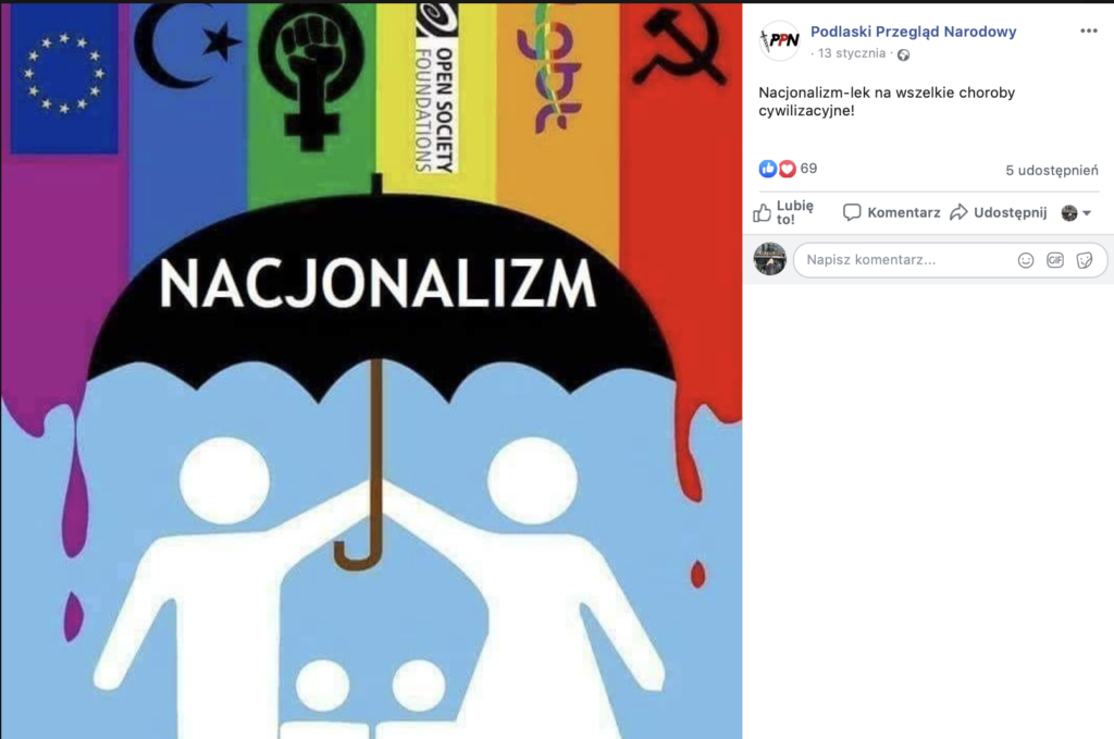 Grafika opublikowana przez Podlaski Przegląd Narodowy przedstawia parasol z napisem „Nacjonalizm” , chroniący piktogram rodziny przed tęczą z m.in. flagą Unii, półksiężycem oraz sierpem i młotem