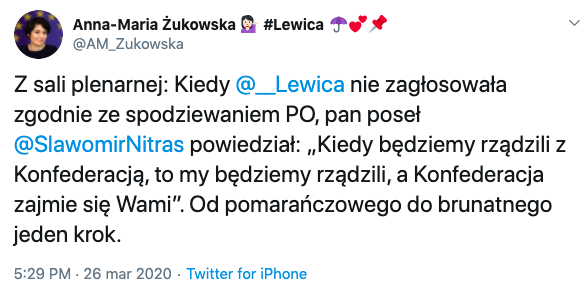 Anna Maria Żukowska zamieściła tweet, w którym opisała zachowanie Sławomira Nitrasa, źródło: Twitter, 26 marca 2020