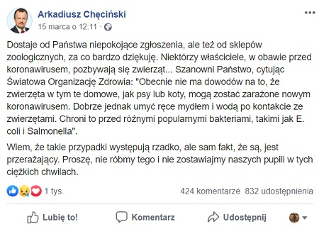 Post Facebookowy Arkadiusza Chęcińskiego