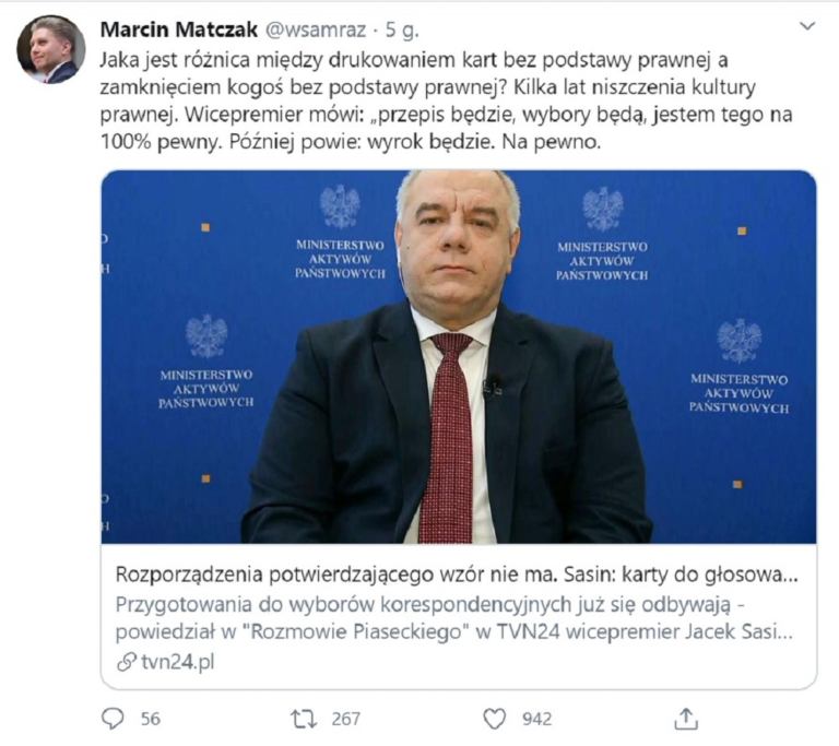 Tweet Marcina Matczaka o tym, że Jacek Sasin drukuje karty wyborcze bez podstawy prawnej