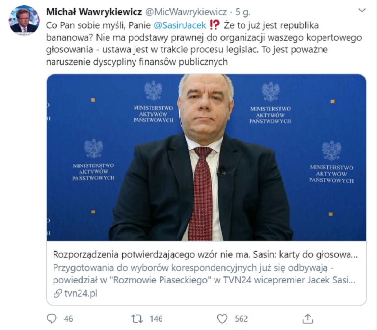 Tweet Michała Wawrykiewicza o tym, że Jacek Sasin drukuje karty wyborcze bez podstawy prawnej