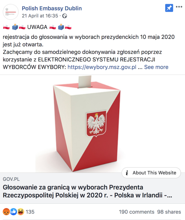 Wpis Ambasady Polski w Irlandii na Facebooku dot. głosowania w wyborach prezydenckich za granicą
