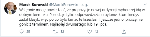 Tweet Marka Borowskiego, którego tematem jest nowy projekt ustawy o wyborach prezydenckich