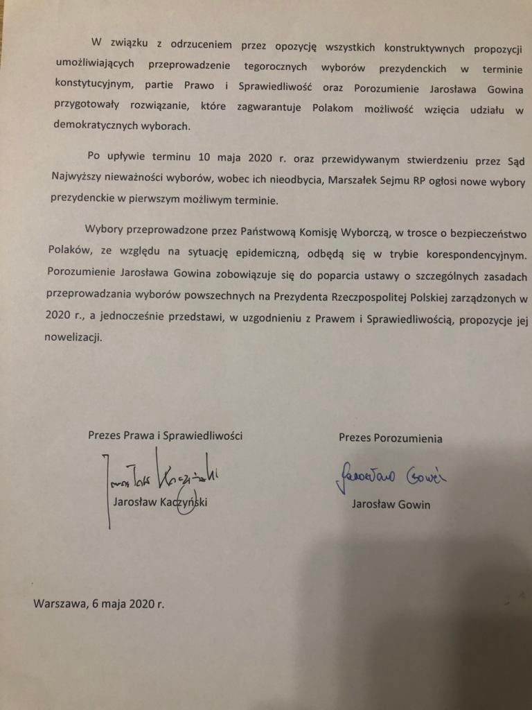 Porozumienie między Jarosławem Kaczyńskim a Jarosławem Gowinem - na jego podstawie wybory 10 maja się nie odbędą