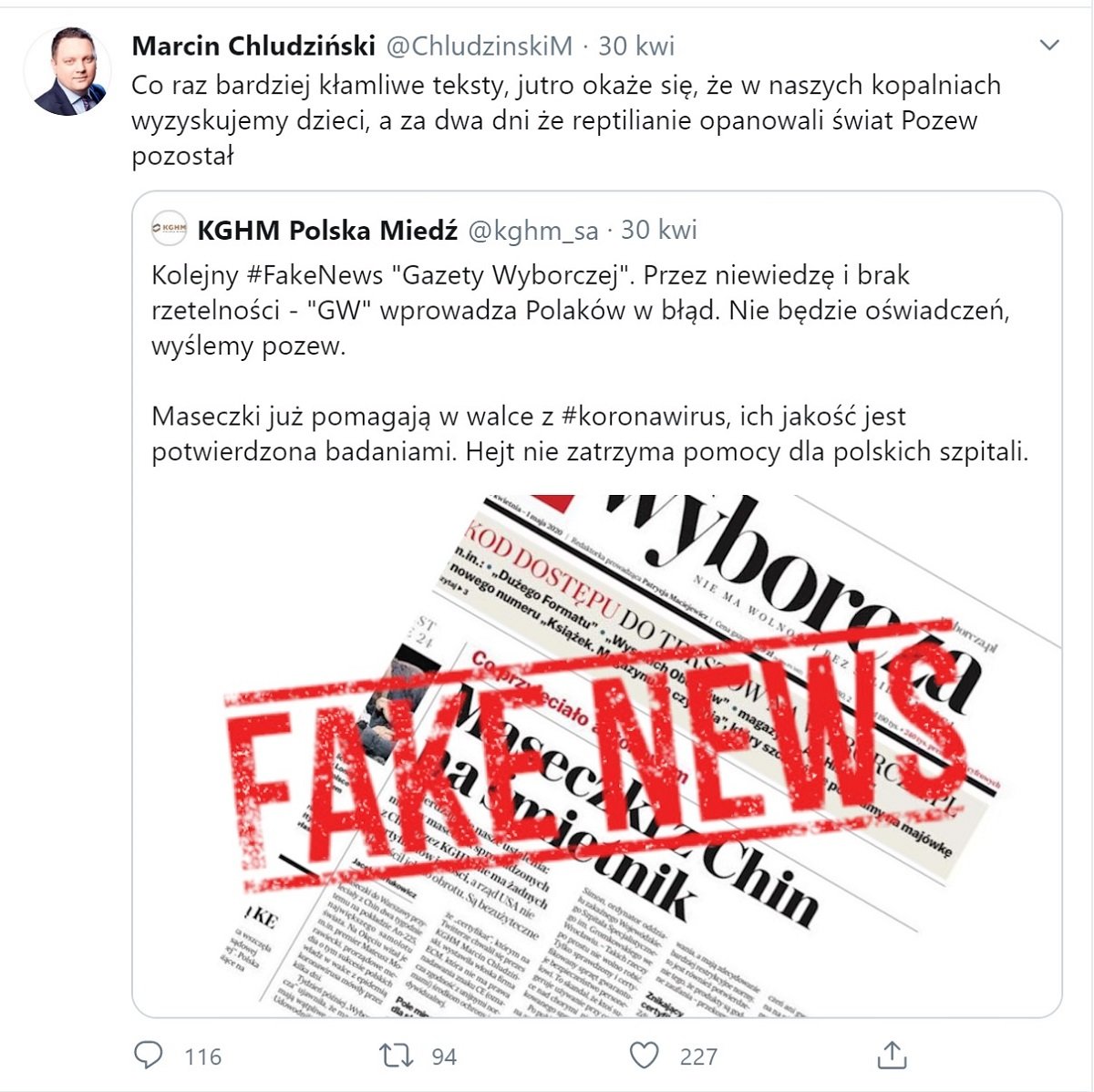Wpis Marcina Chludzińskiego na Twitterze z 30.04.2020
