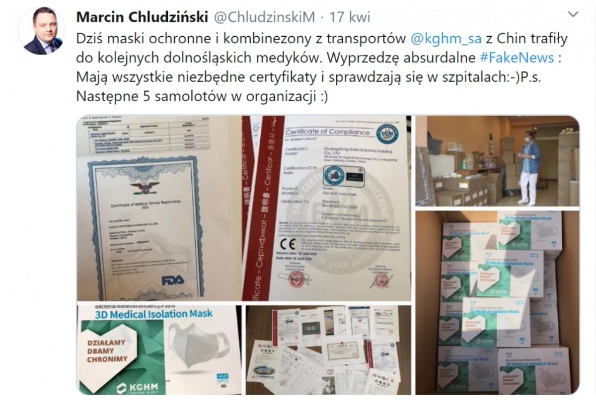 Wpis Marcina Chludzińskiego na Twitterze z 17 kwietnia 2020