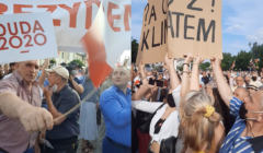Wiec Andrzeja Dudy w Białymstoku. Mężczyzna macha biało-czerwoną chorągiewką przed obiektywem kamery, inny wyrywa transparent „A co z klimatem?”