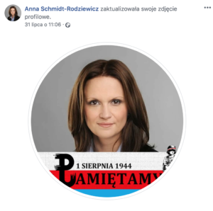 Anna Schmidt-Rodziewicz, zdjęcie profilowe z Facebooka z nakładką o powstaniu warszawskim