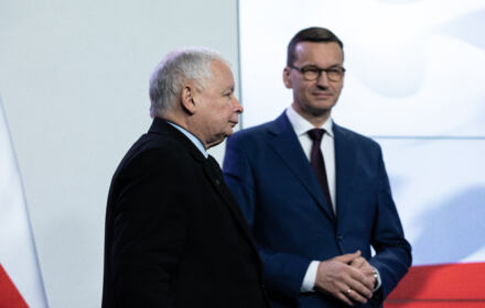 Jarosław Kaczyński i Mateusz Morawiecki na konferencji prasowej