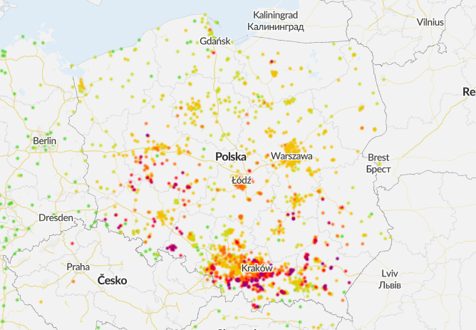 mapa zanieczyszczenia powietrza w Polsce Airly