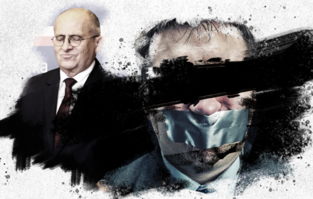 Knebel dla pracowników MSZ. PiS wprowadza „tajemnicę dyplomatyczną” Mężczyzna z ustami zaklejonymi taśmą, w tle minister spraw zagranicznych Zbigniew Rau