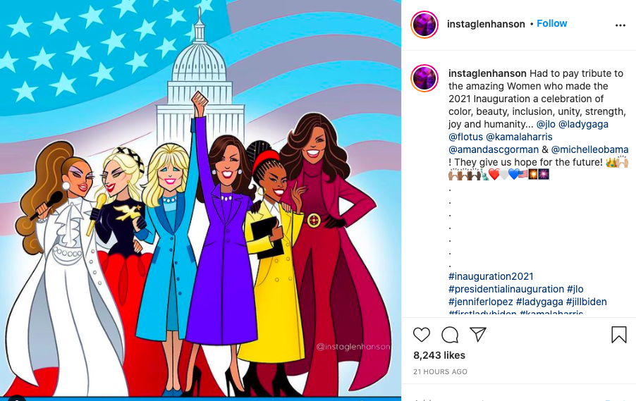Jennifer Lopez, Lady Gaga, Jill Biden, Kamala Harris, Amanda Gorman, Michelle Obama, źródło: Instagram, instaglenhanson