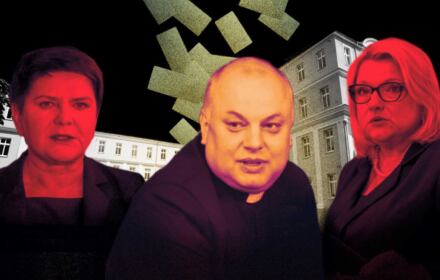 Ks. Andrzej Dymer, Beata Szydło i Beata Kempa na tle szpitala im. Karola Boromeusza w Szczecinie.