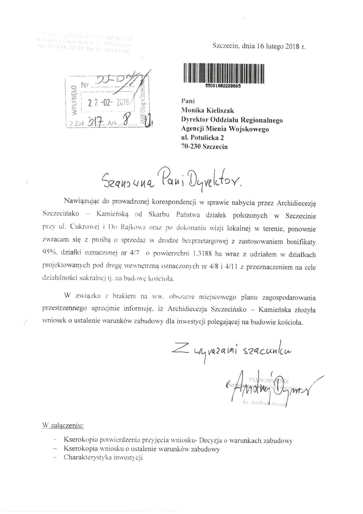 Ks. Andrzej Dymer pisze do Agencji Mienia Wojskowego w sprawie działki pod kościół.