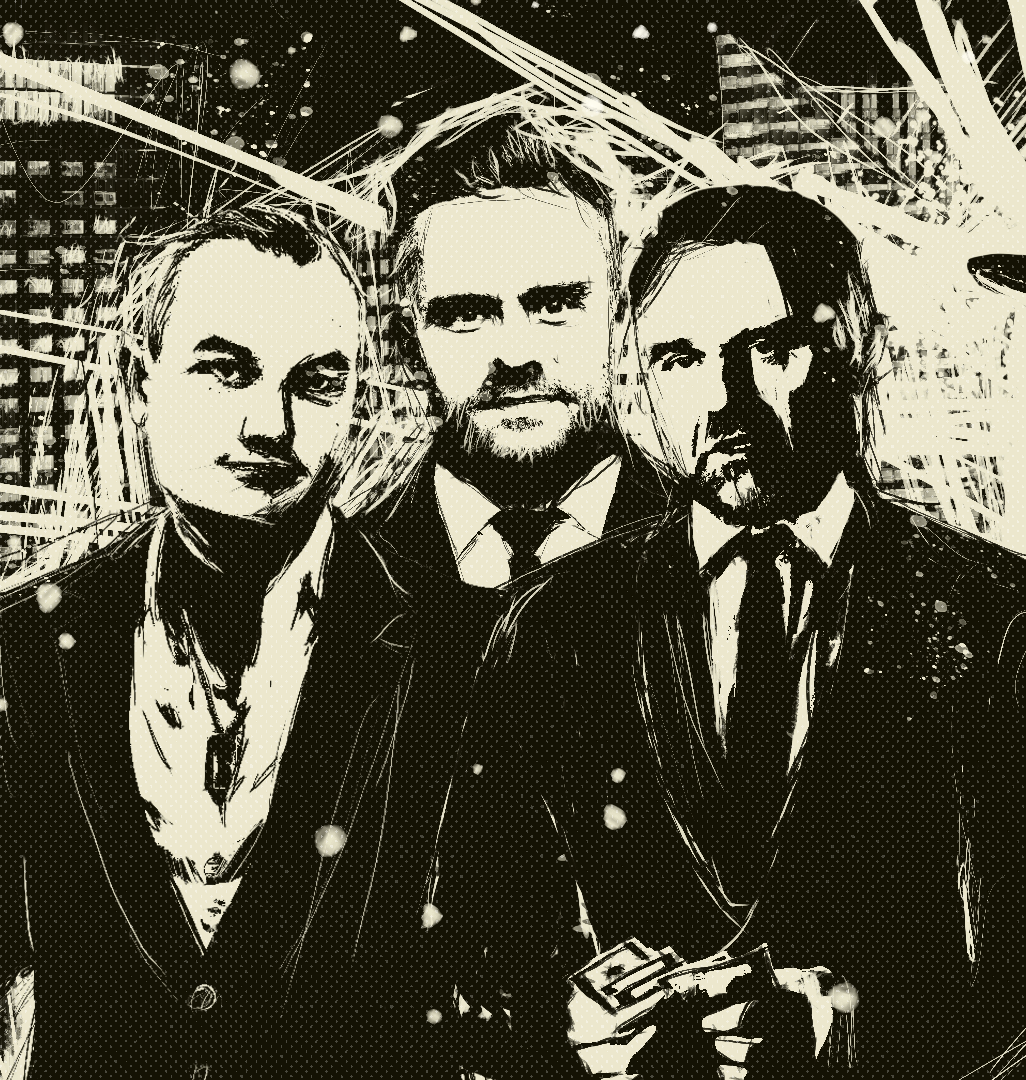 Grafika, na której znajdują się od lewej: Robert Pietryszyn, Adam Hofman, Dawid Jackiewicz i tajemniczy agent CBA