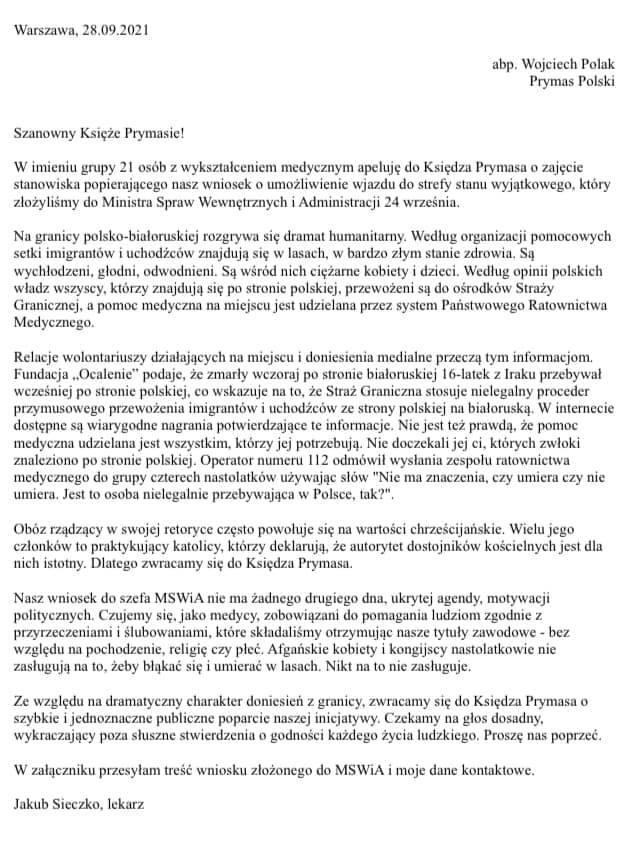 List medyków do prymasa Wojciecha Polaka z prośbą o poparcie ich wniosku do MSWiA ws. wstępu do strefy stanu wyjątkowego.
