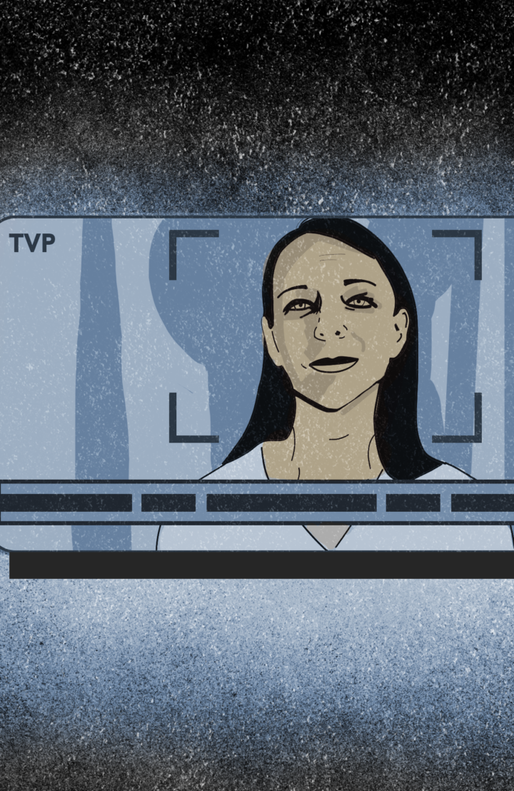 Grafika: wizerunek kobiety na ekranie z napisem TVP