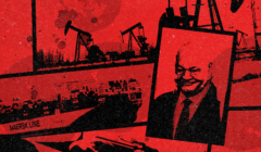 Kolaż przedstawiający Adama Glapińskiego, kontenerowiec, pole naftowe i terminal płatniczy