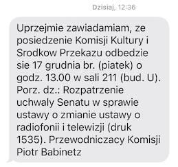 komisja kultury o lexTVN, sms Piotr Babinetz, 17 grudnia 2021