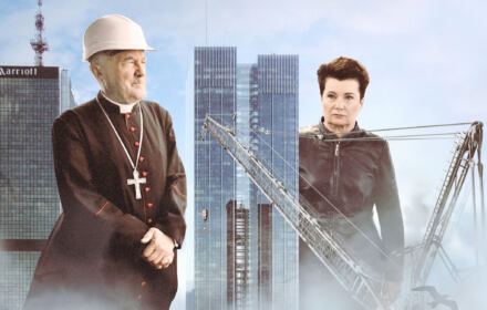 Kardynał Nycz i Hanna Gronkiewicz-Waltz na tle warszawskich wieżowców