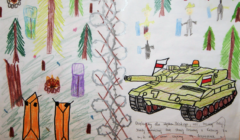 Rysunek dziecięcy z czołgiem.