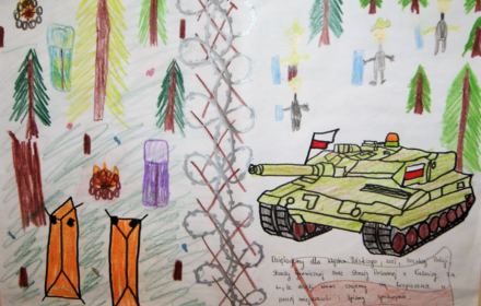 Rysunek dziecięcy z czołgiem.