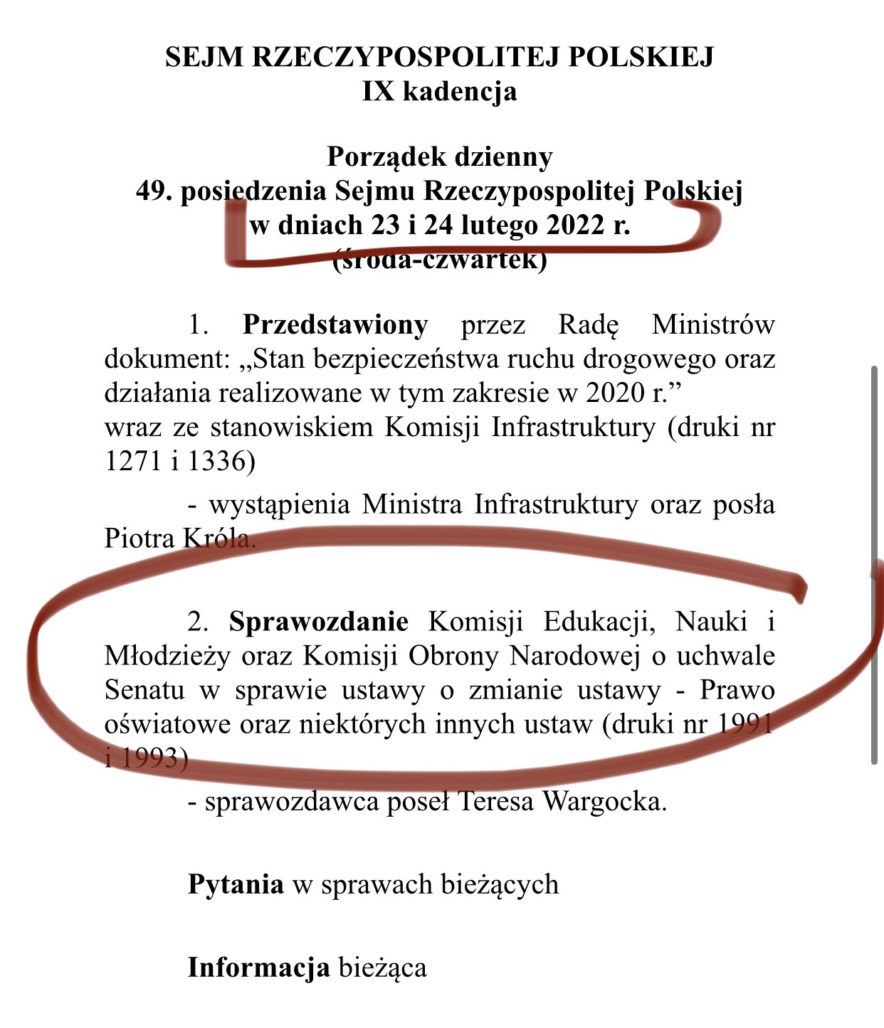 Pismo Elżbiety Witek ws. 49 posiedzenia Sejmu