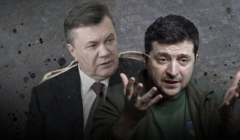 Wiktory Janukowycz i Wołodymir Zełenski, w tle mapa Ukrainy. Janukowycz wezwał Zełenskiego, by ten się poddał. Zełenski: 
