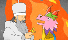 Patriarcha Cyryl I wymachuje krzyżem przed kolorowym, zdziwionym smokiem, w tle płomienie