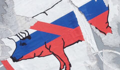 plakat ze świnią w barwach rosyjskich na ścianie w Tbilisi
