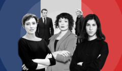 Na kolażu: Emmanuel Macron, Marine Le Pen i dziennikarki OKO.press: Agata Kowalska, Agata Szczęśniak i Maria Pankowska. W tle flaga Francji