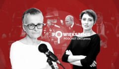 Dziennikarki OKO.press: Agnieszka Jędrzejczyk i Agata Kowalska. W tle Sergiej Szojgu i Władimir Putin