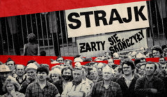 Kolaż: grupa strajkujących pracowników z lat 90., w tle wielki napis 